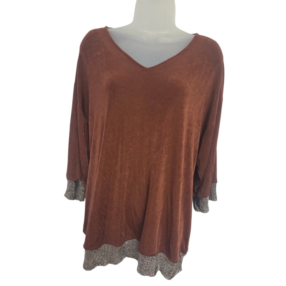 Travelers by Chicos Rust Brown V-Neck Tunic Metallic Trim Top Size 2 L Large